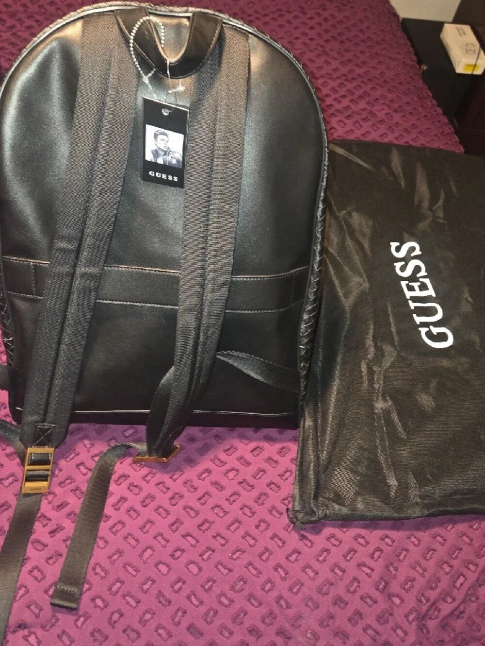 GUESS Black Woven-Texture Backpack with Gold Zipper Accents